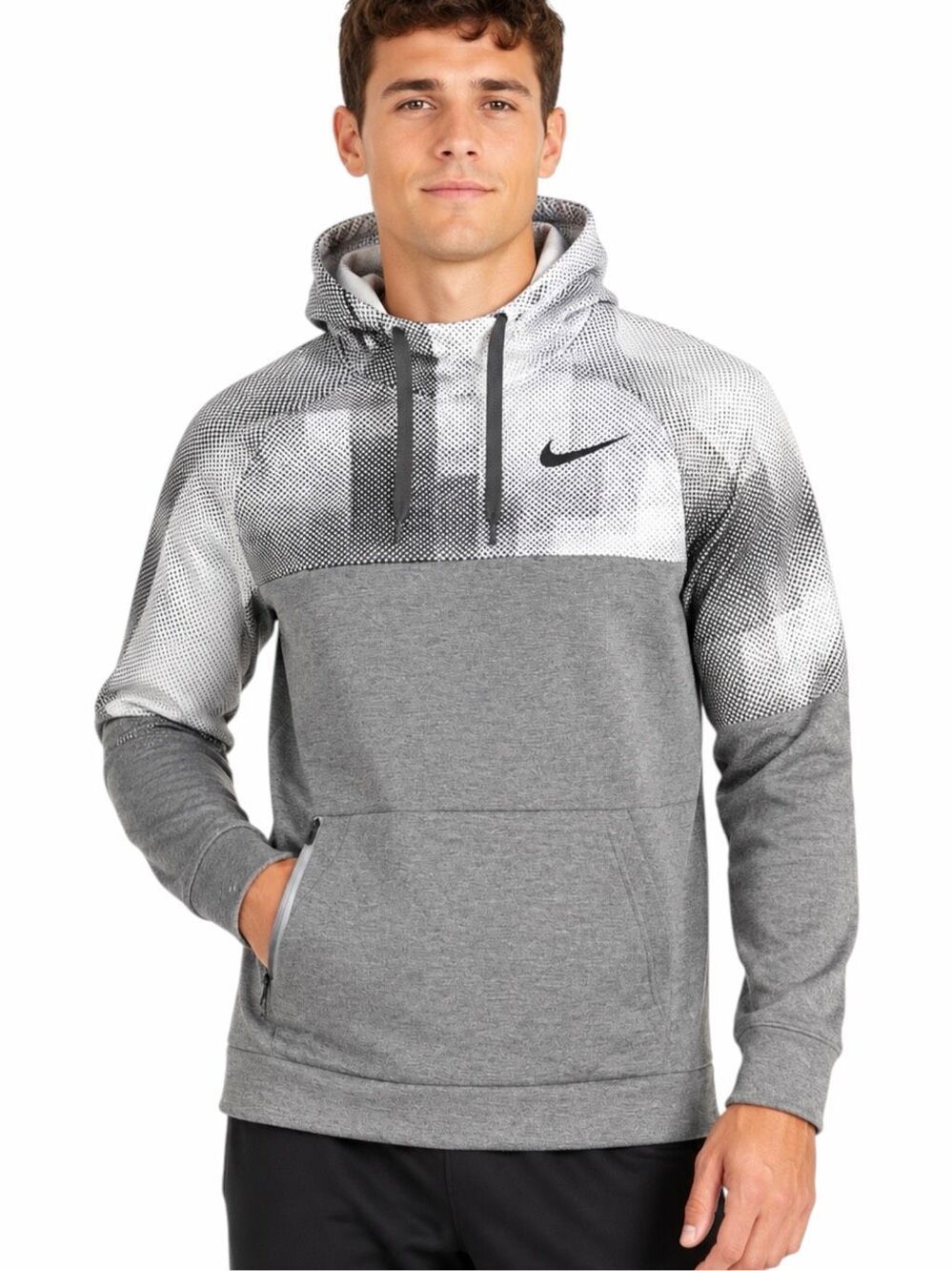 NIKE Dri-FIT Men’s Gray Pixel Print Training Pullover Hoodie Medium